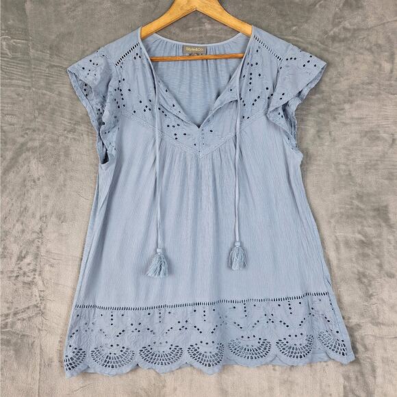 Style & Co. Tops - Womens‎ Top Large Blue Cottagecore Boho Peasant Hippie Eyelet Feminine Casual